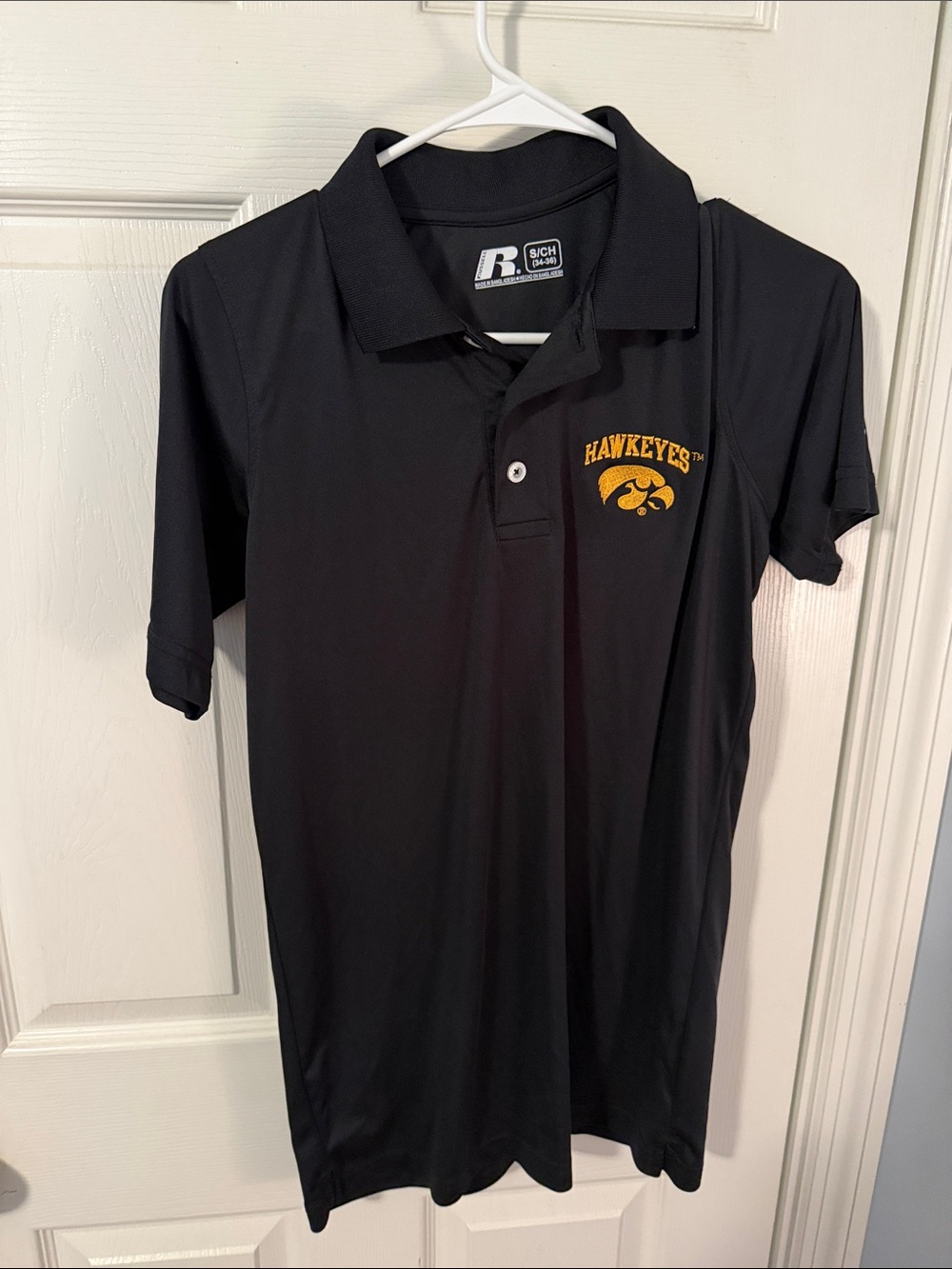 Men’s Russell Athletic Black Polo with Yellow Hawkeyes Logo